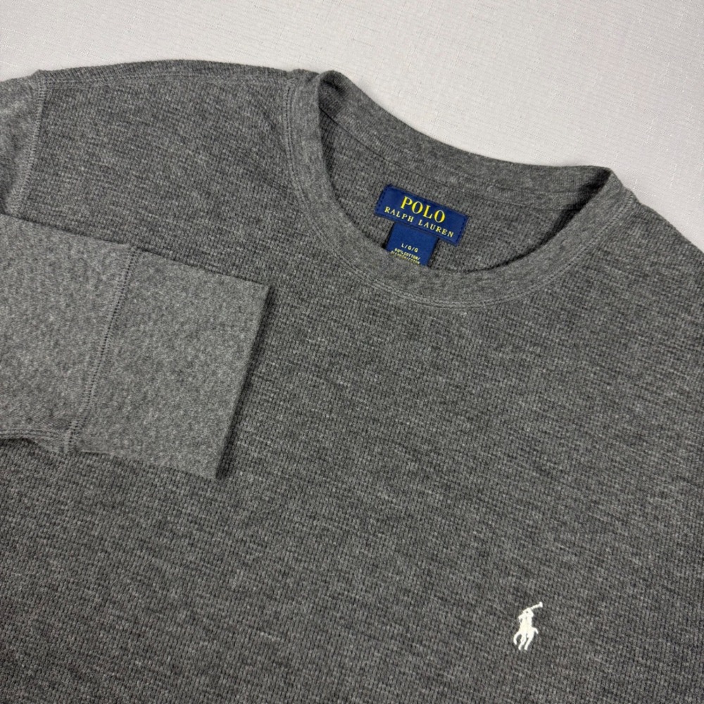 Polo Ralph Lauren Mens Large Gray Waffle Knit Thermal Long Sleeve Shirt Pony